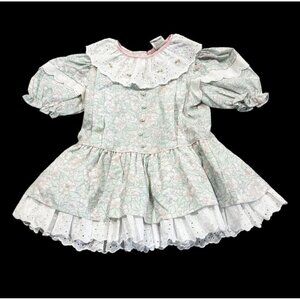 Vintage 80s Toddler Sz 2 Girls Dress Pastel Floral Green White Pink Ruffles Lace